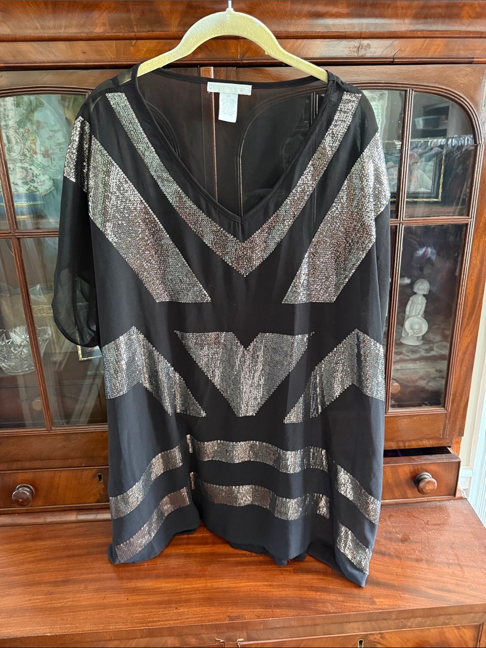Design History Black Top with Silver Sequin Chevron Accents
